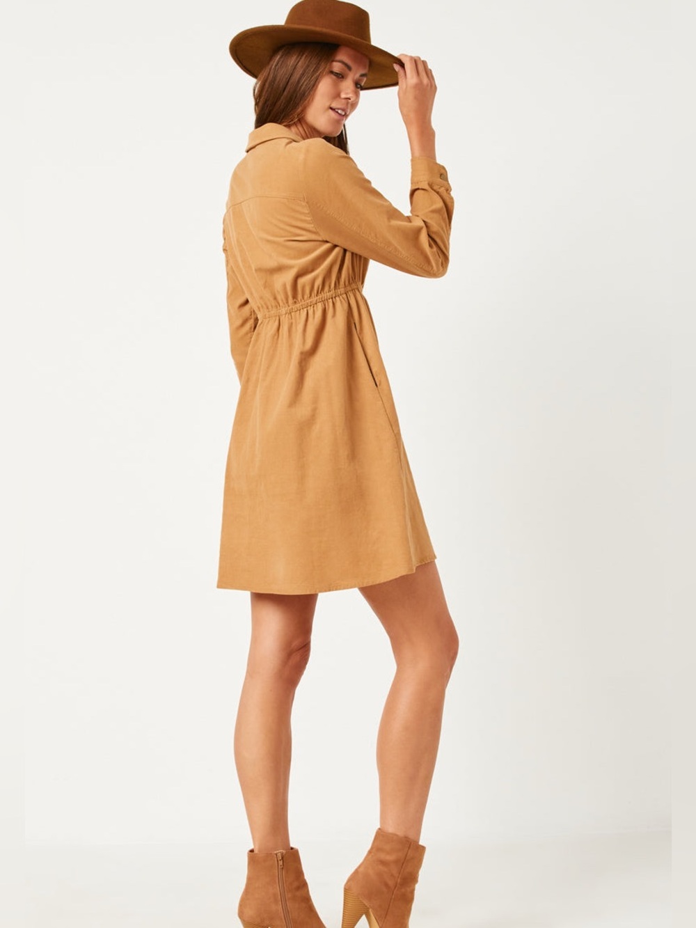 Hayden Corduroy Shirt Dress in Camel